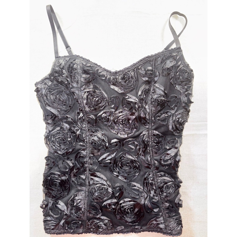 Boston Proper Black 3D Rosette Floral Corset Camisole Top Size 12 Zip Back